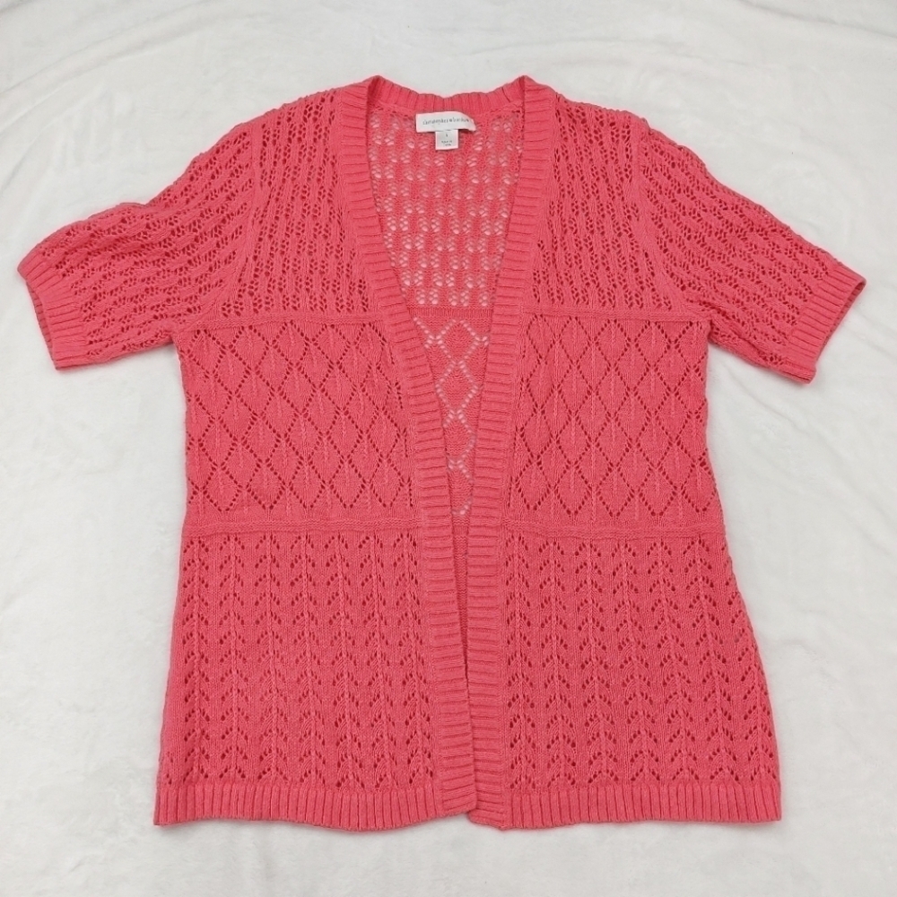 CHRISTOPHER & BANKS CORAL PINK KNIT SHORT SLEEVE OPEN FRONT CARDIGAN SIZE SMALL